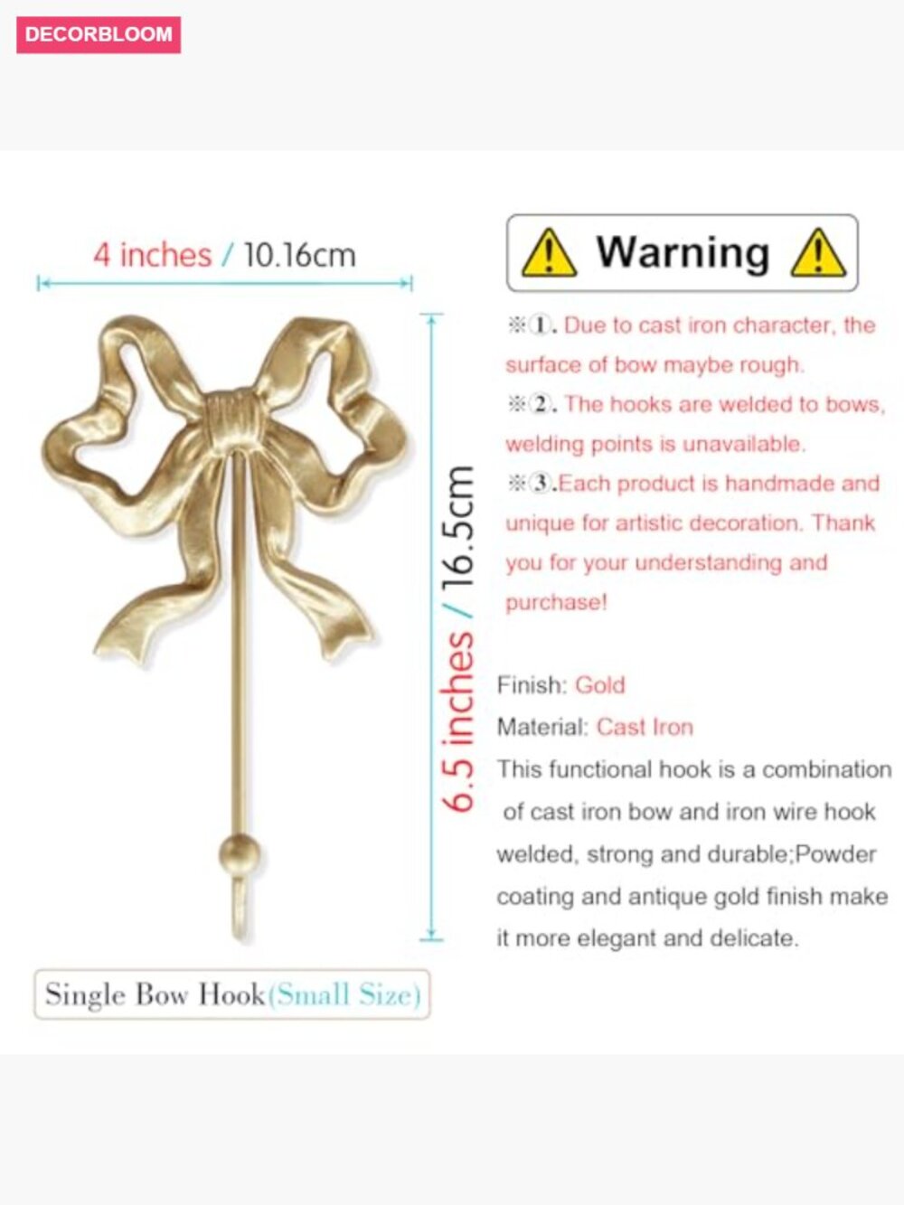Antique Gold Single Bow Wall Hook - Cast Iron, Heavy Duty, 4.1x6.5 inches - Picture 3 of 7
